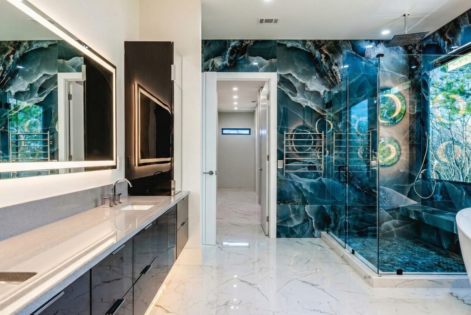 Book-matched blue quartzite shower with backlit stone