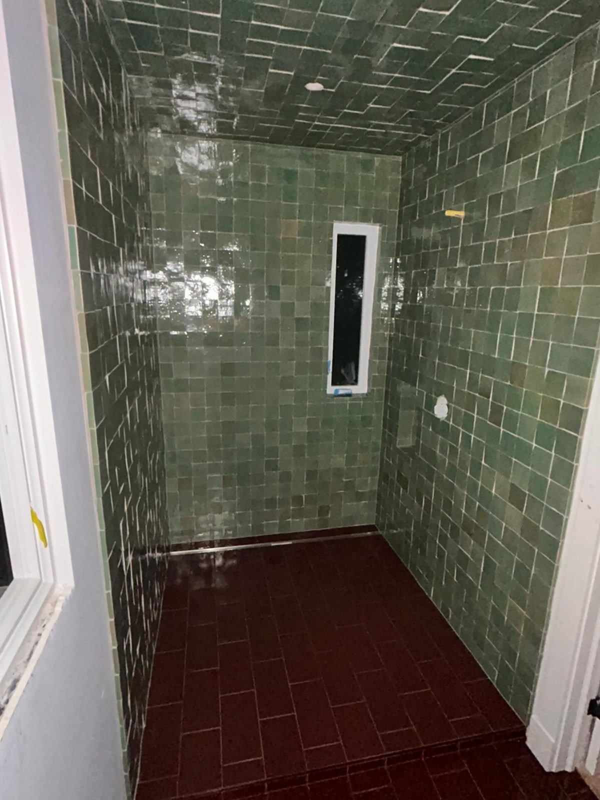Green zellige tile custom shower